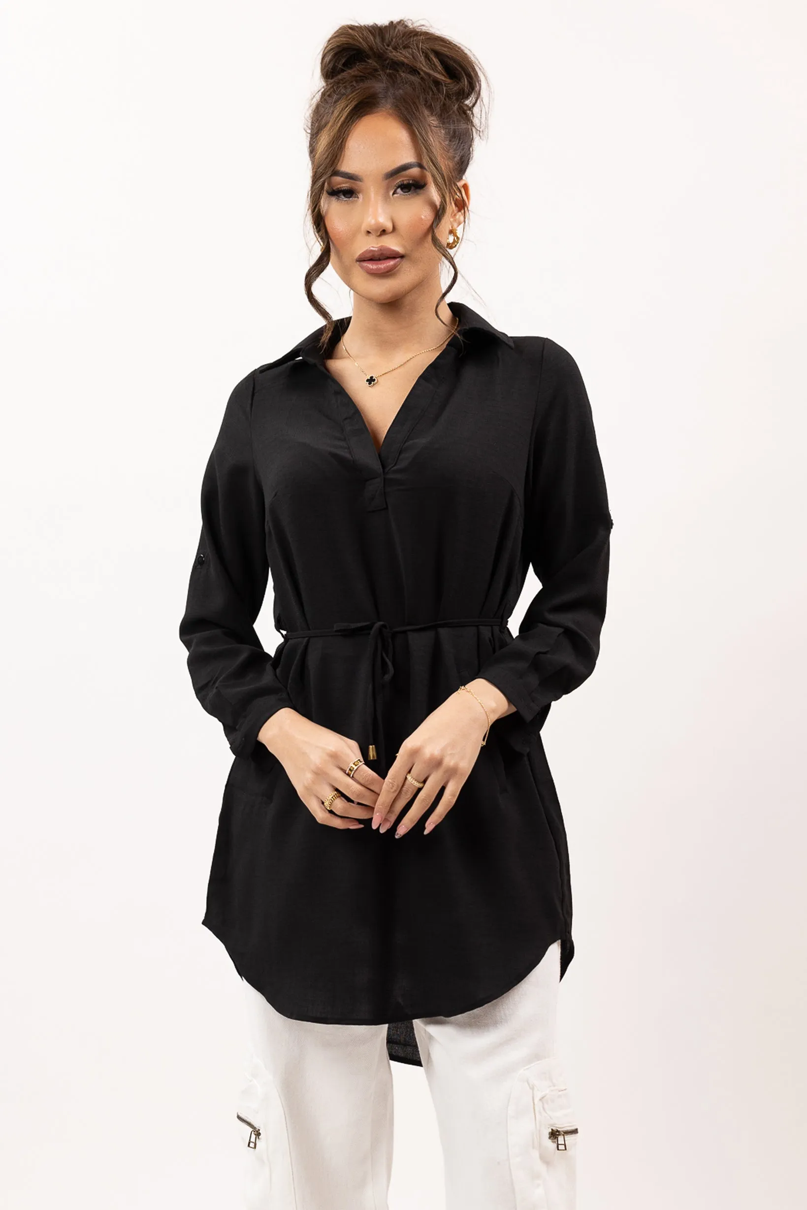 Roll Sleeve Loop Top - Dark Shades
