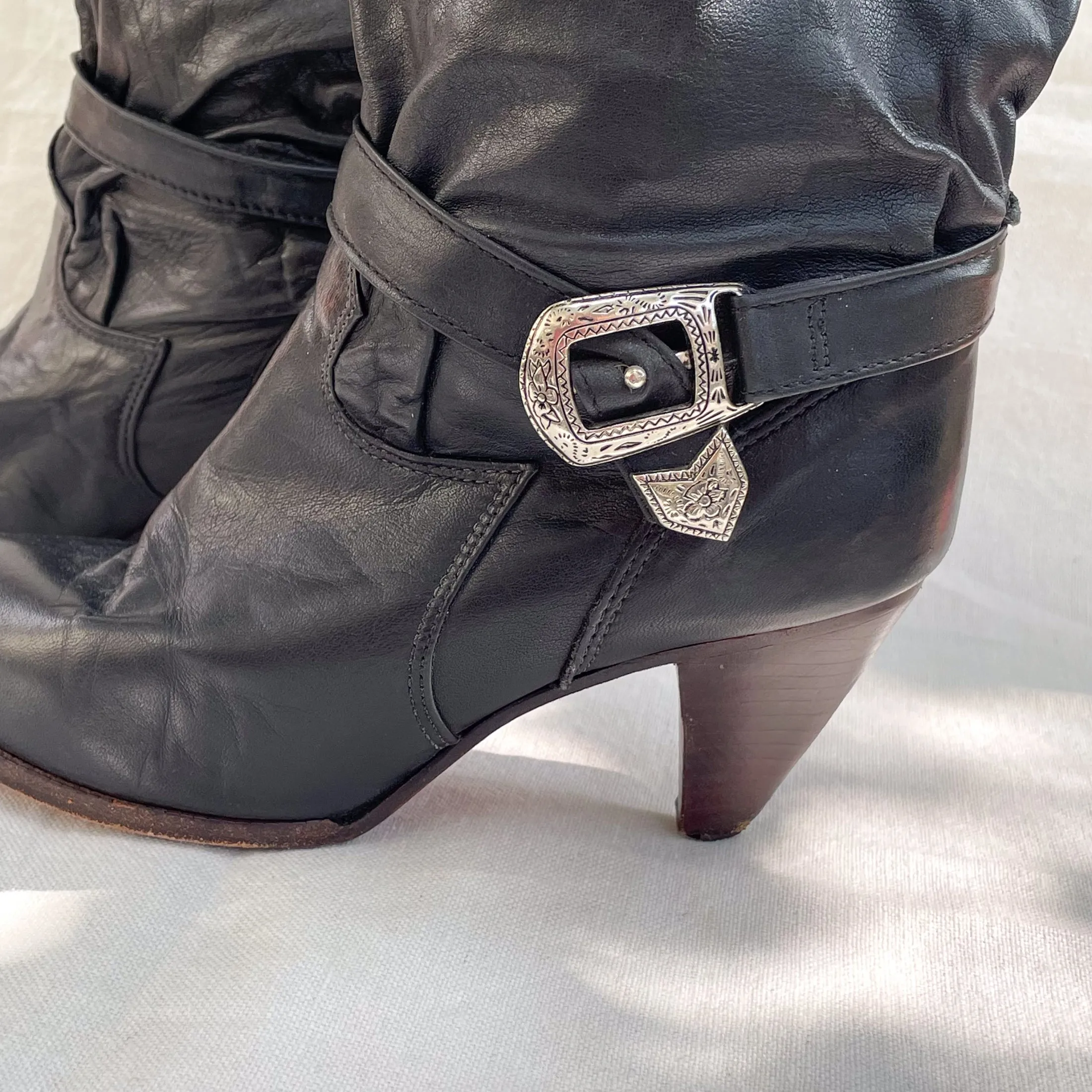 SOLD Vintage 80s Slouchy Ankle Boots, Toe/Heel Caps   Belts, Pirate Booties 7M