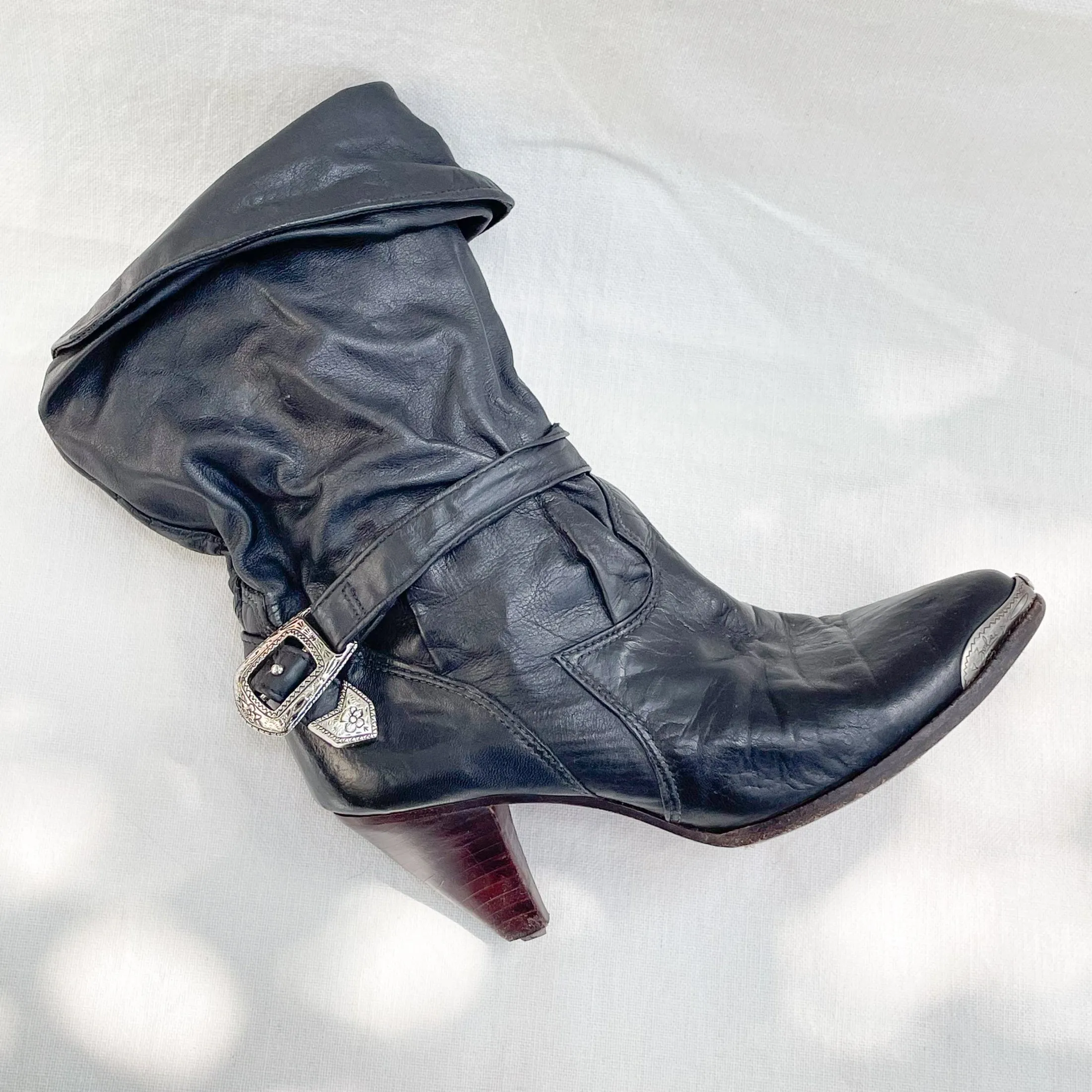SOLD Vintage 80s Slouchy Ankle Boots, Toe/Heel Caps   Belts, Pirate Booties 7M