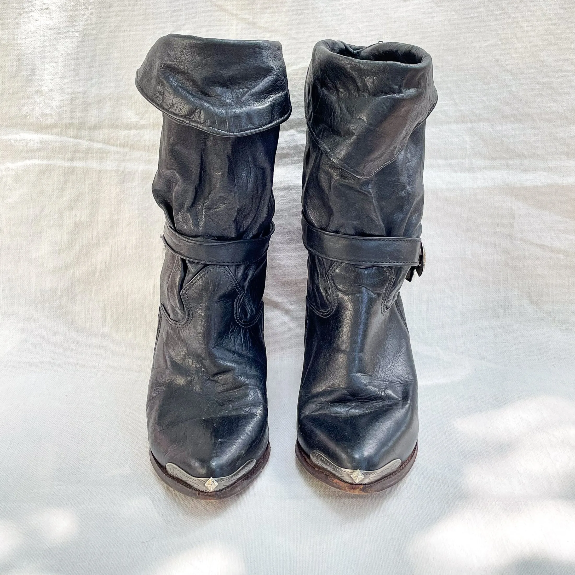 SOLD Vintage 80s Slouchy Ankle Boots, Toe/Heel Caps   Belts, Pirate Booties 7M