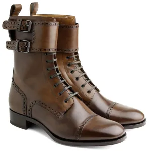 Stylish Handmade Men's Brown Cap Toe Leather Double Monk Strap & Lace Up Ankle Boots, Men Designer Boots