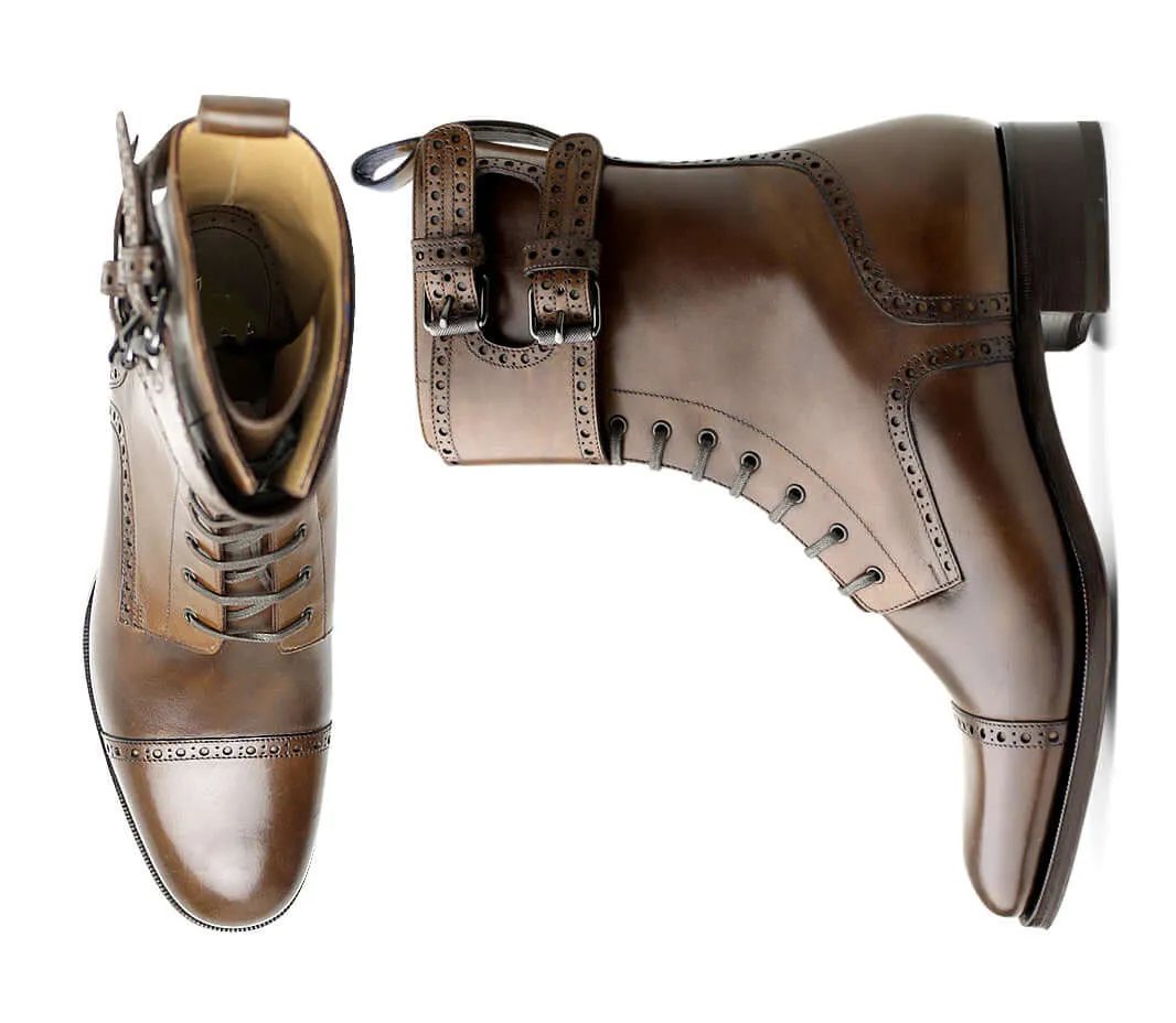 Stylish Handmade Men's Brown Cap Toe Leather Double Monk Strap & Lace Up Ankle Boots, Men Designer Boots
