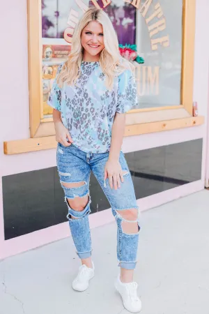 Tie Dye Skies Leopard Top - Blue