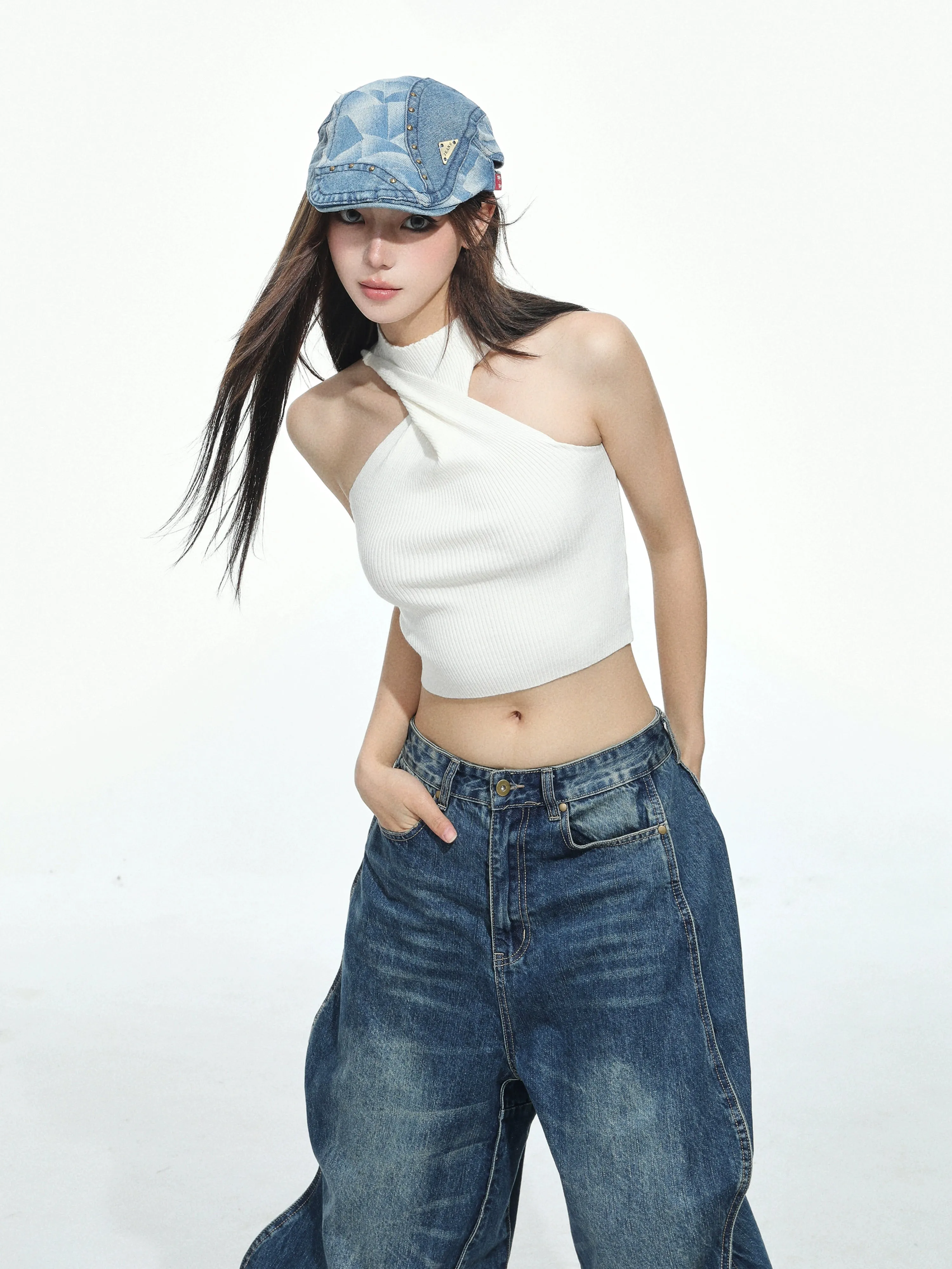 Twist Halter Neck Ribbed Crop Top