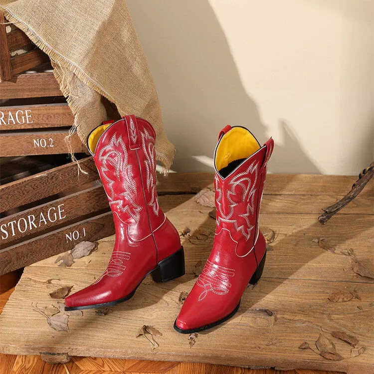 Women cowgirl boots | Mid calf embroidered chunky heel slip on western boots