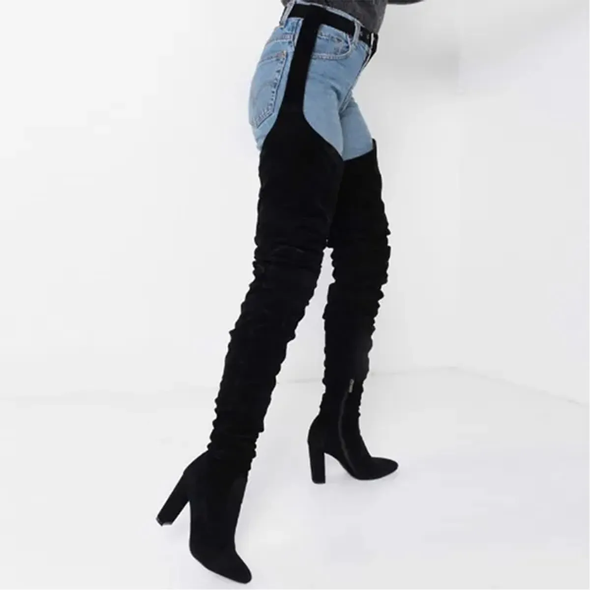 Women faux suede thigh high waist belt chunky high heel slouch boots | Over the knee waist belted boots