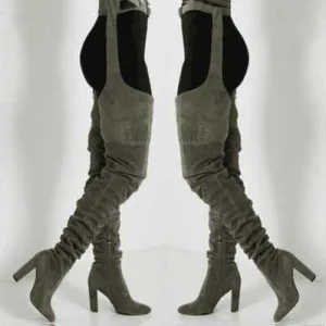 Women faux suede thigh high waist belt chunky high heel slouch boots | Over the knee waist belted boots