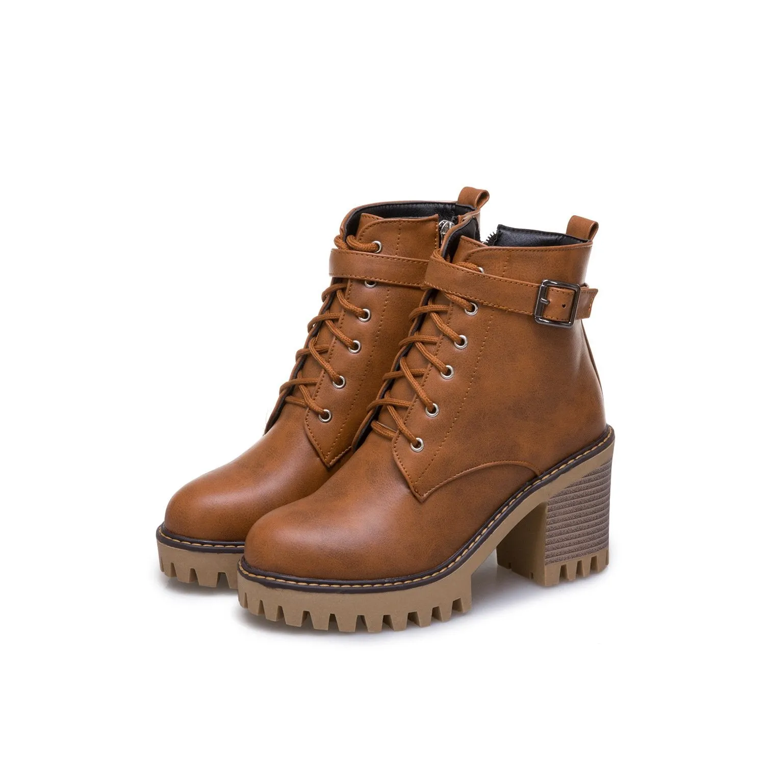 Women's block heel combat boots with side zippers