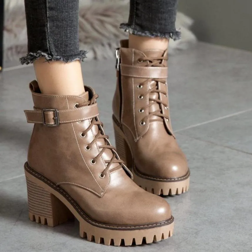 Women's block heel combat boots with side zippers