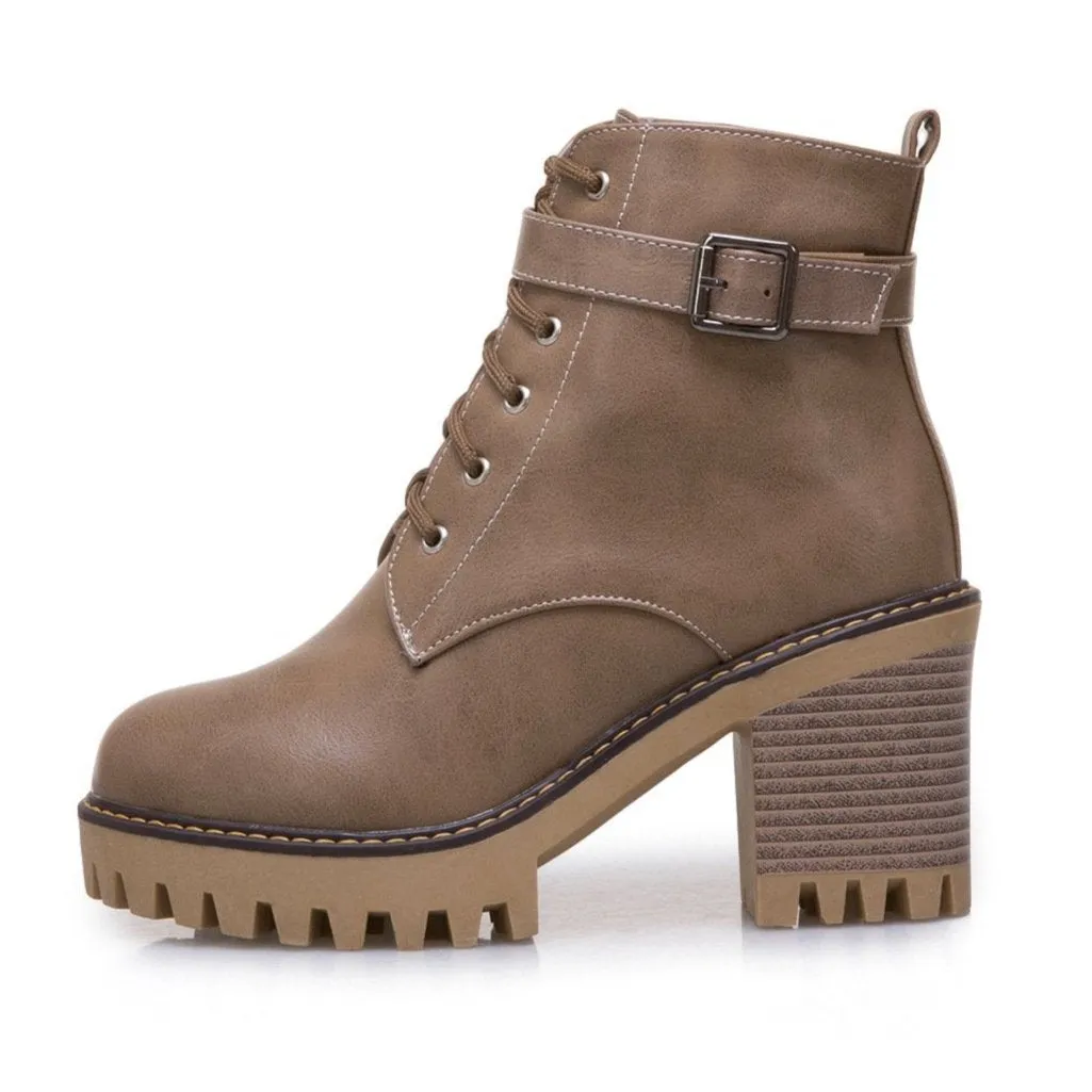 Women's block heel combat boots with side zippers