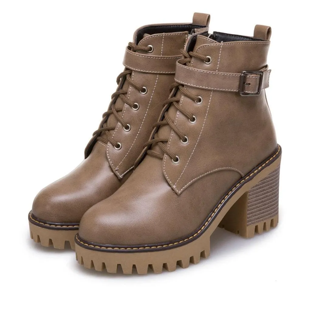 Women's block heel combat boots with side zippers