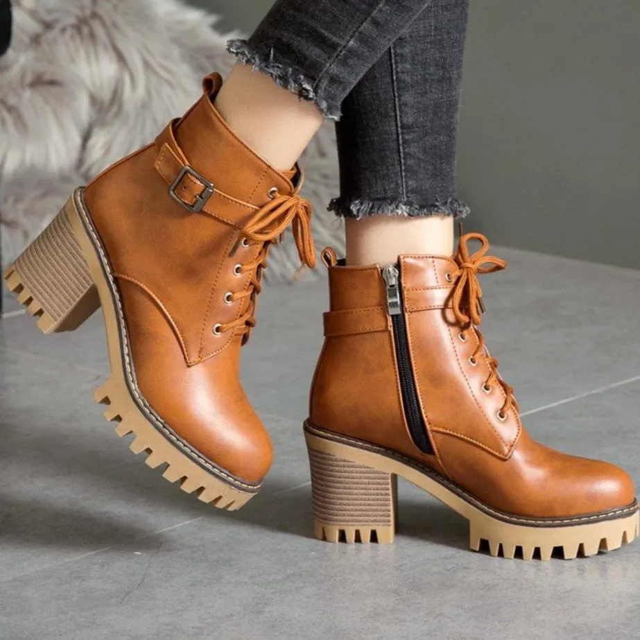 Women's block heel combat boots with side zippers