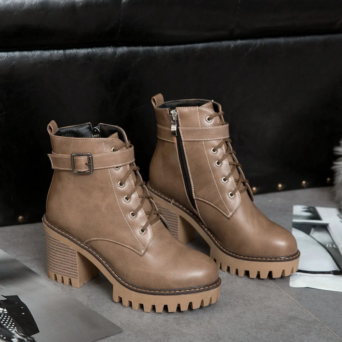 Women's block heel combat boots with side zippers