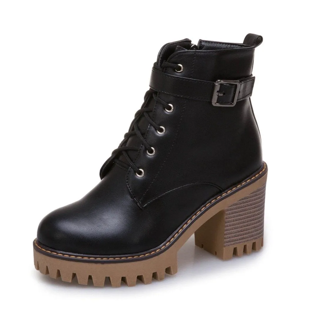 Women's block heel combat boots with side zippers