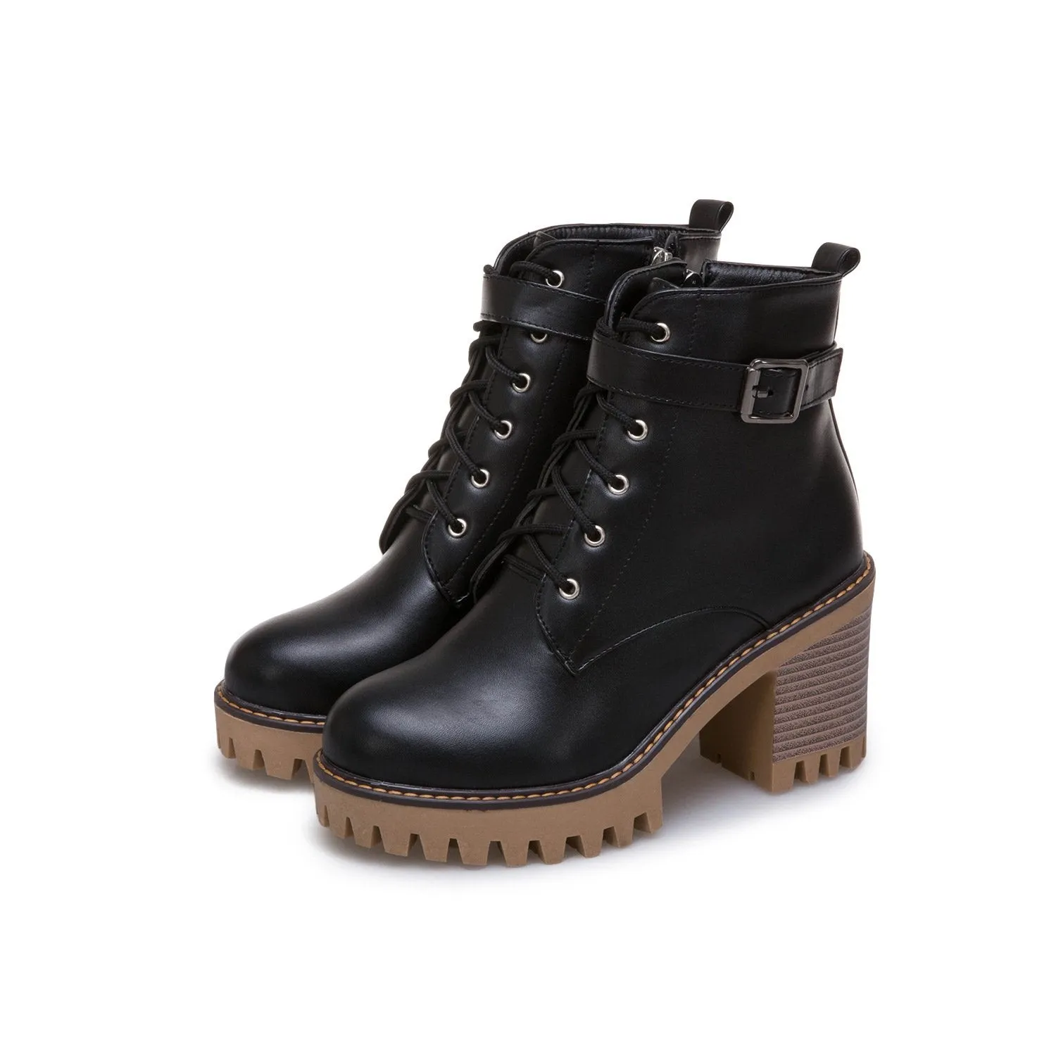 Women's block heel combat boots with side zippers