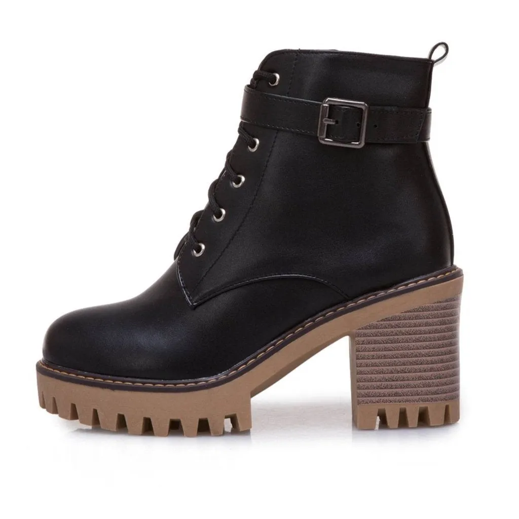 Women's block heel combat boots with side zippers
