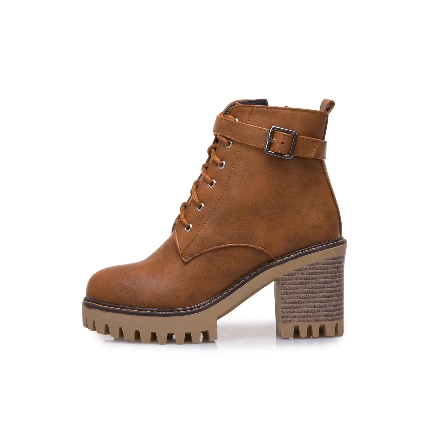 Women's block heel combat boots with side zippers