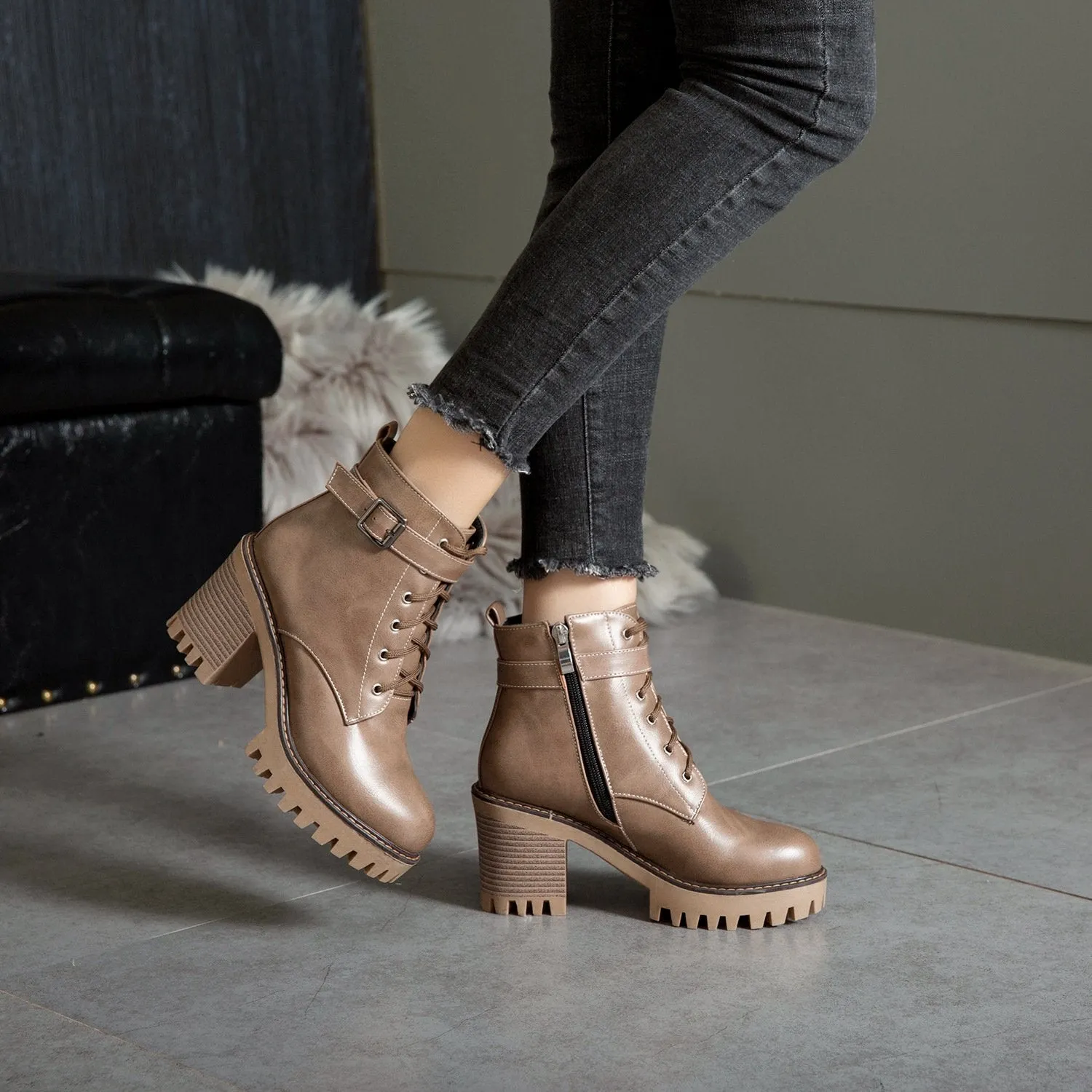 Women's block heel combat boots with side zippers