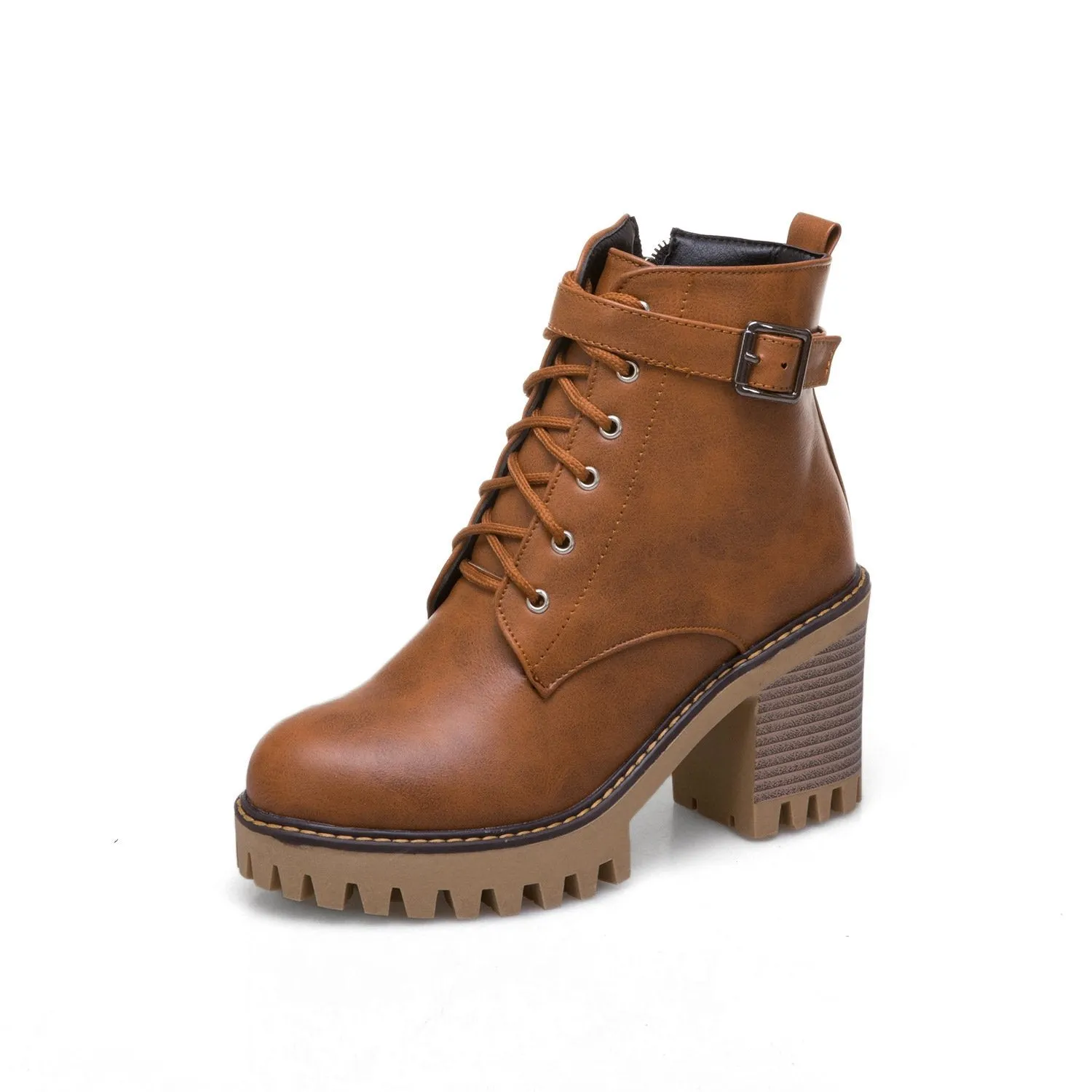Women's block heel combat boots with side zippers