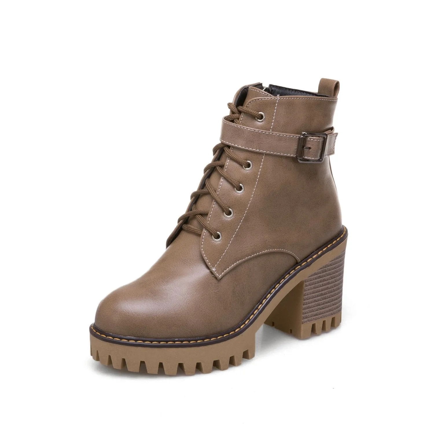Women's block heel combat boots with side zippers