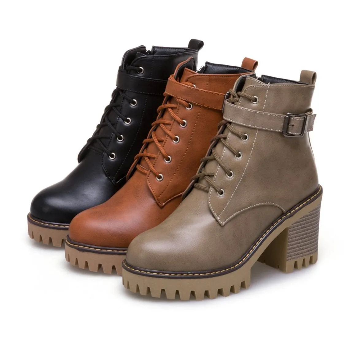 Women's block heel combat boots with side zippers