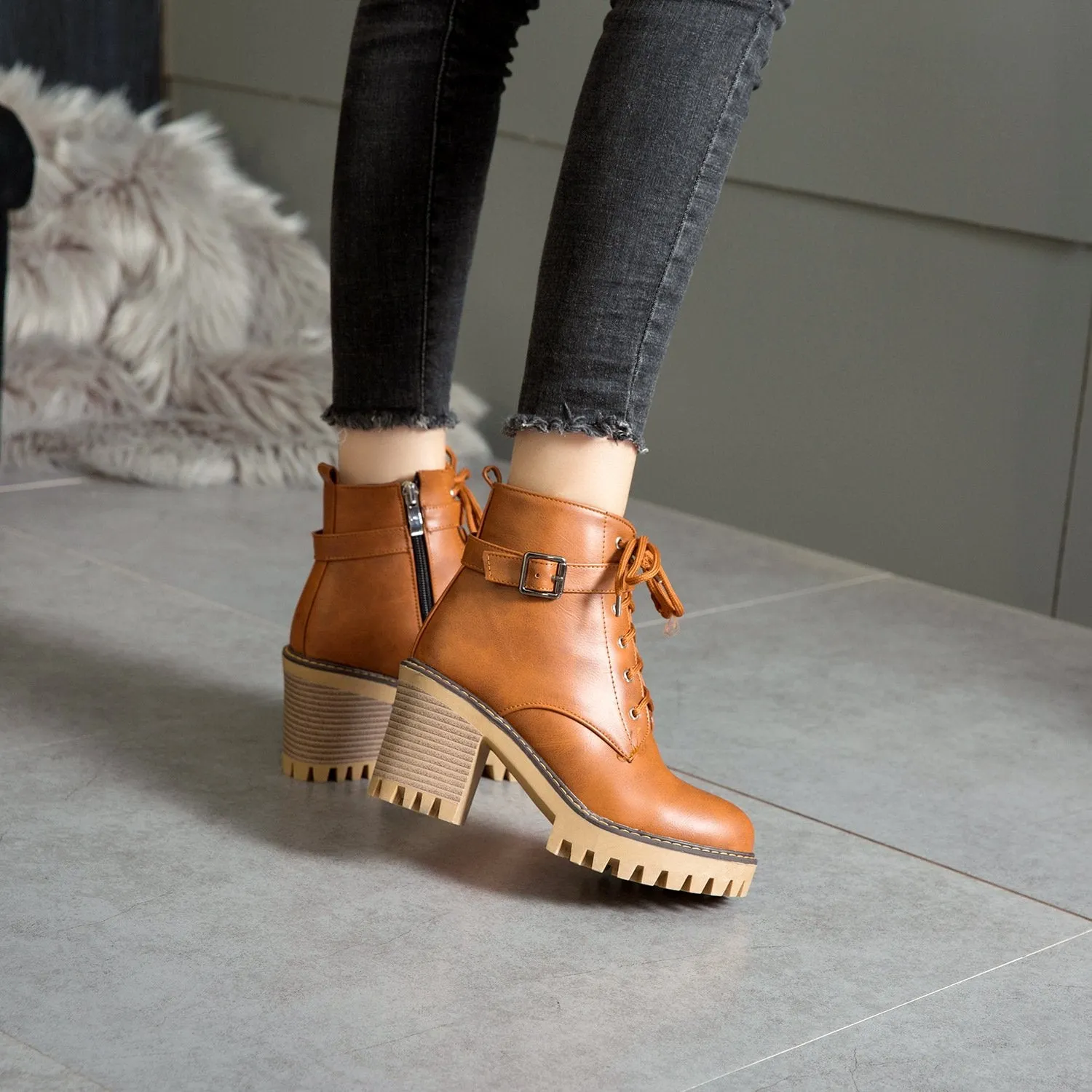 Women's block heel combat boots with side zippers