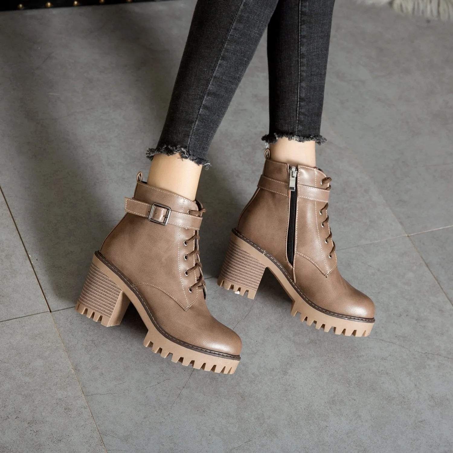 Women's block heel combat boots with side zippers