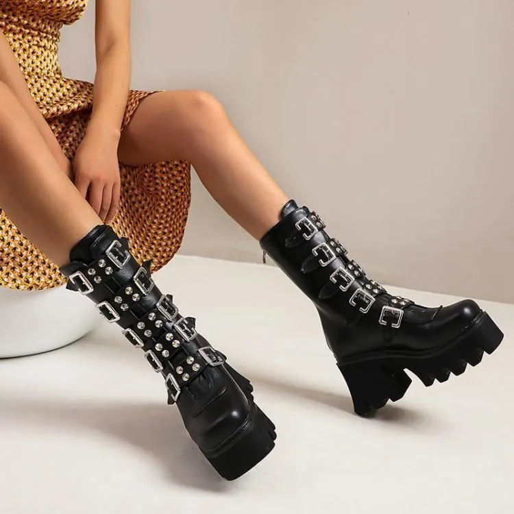 Women's buckle straps mid calf chunky motorcycle boots