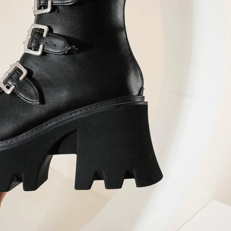 Women's buckle straps mid calf chunky motorcycle boots