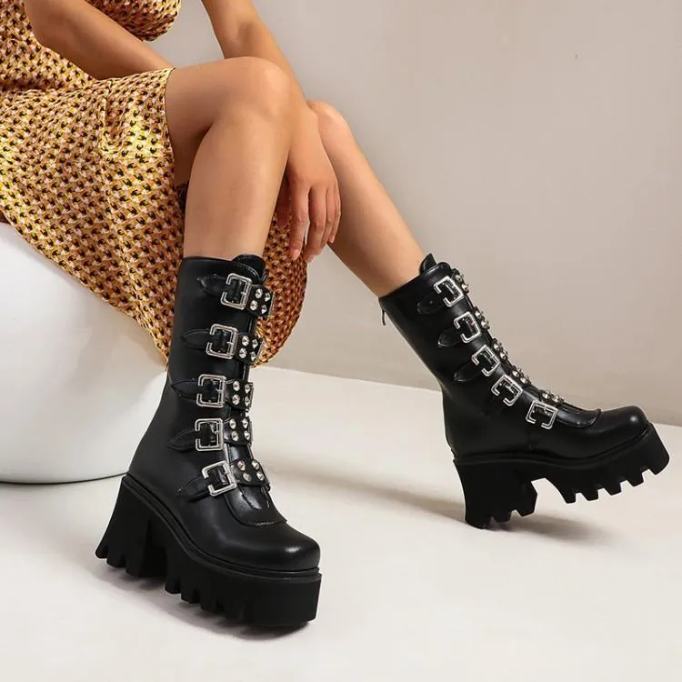 Women's buckle straps mid calf chunky motorcycle boots
