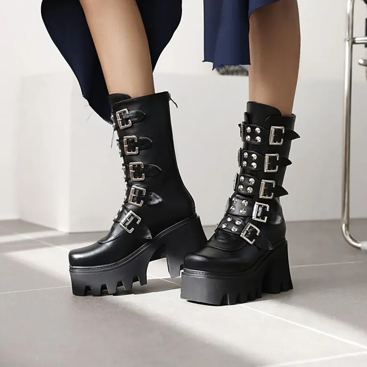 Women's buckle straps mid calf chunky motorcycle boots