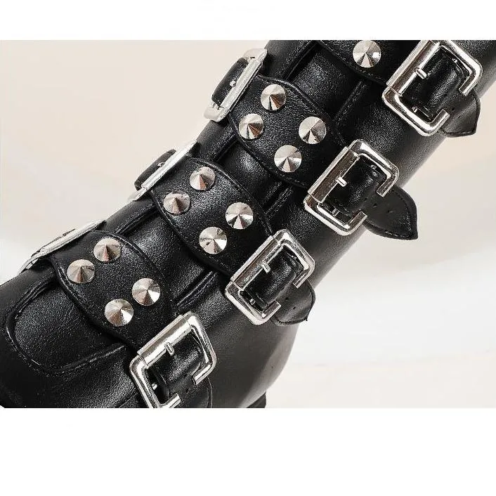 Women's buckle straps mid calf chunky motorcycle boots