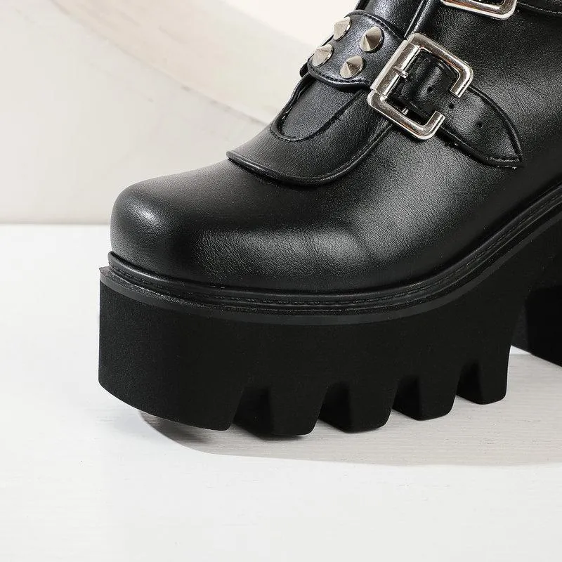 Women's buckle straps mid calf chunky motorcycle boots