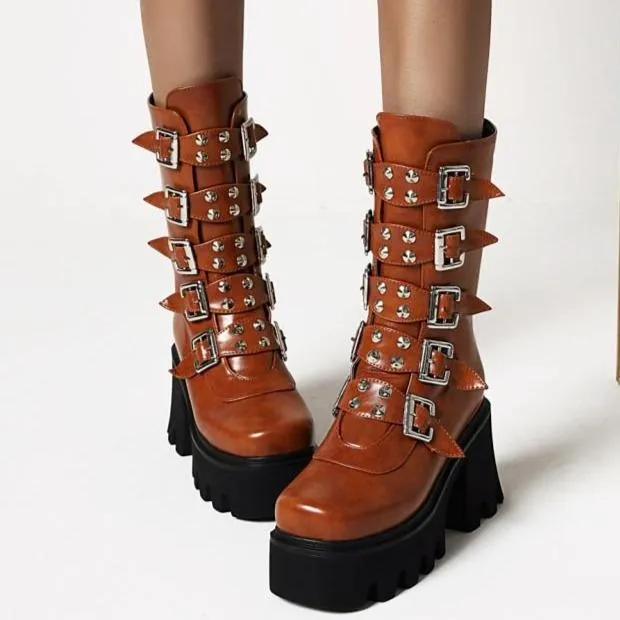 Women's buckle straps mid calf chunky motorcycle boots