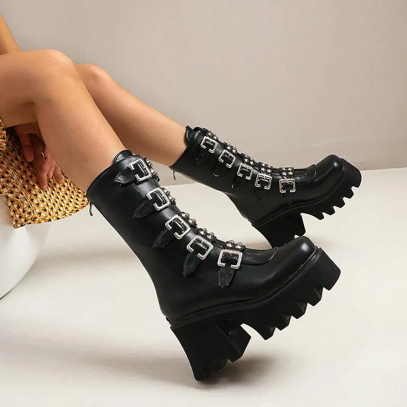 Women's buckle straps mid calf chunky motorcycle boots