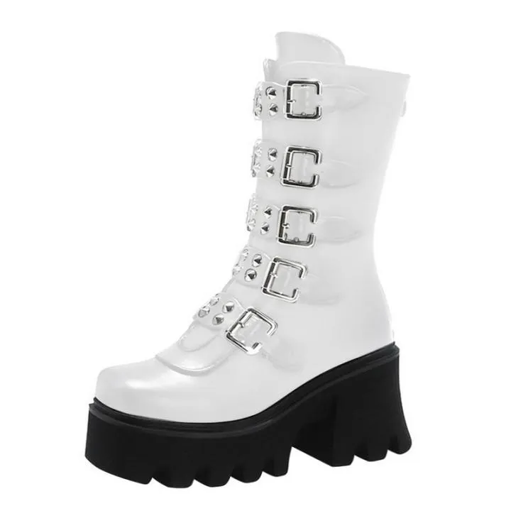 Women's buckle straps mid calf chunky motorcycle boots