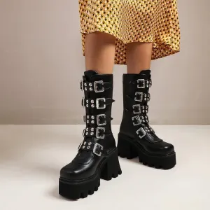 Women's buckle straps mid calf chunky motorcycle boots