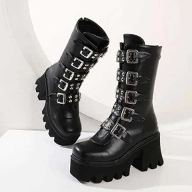 Women's buckle straps mid calf chunky motorcycle boots