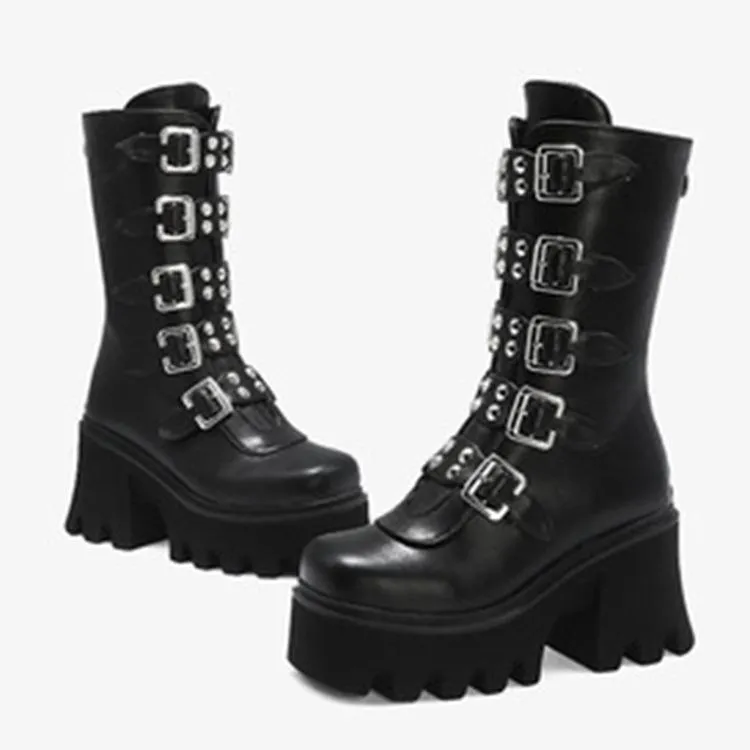 Women's buckle straps mid calf chunky motorcycle boots