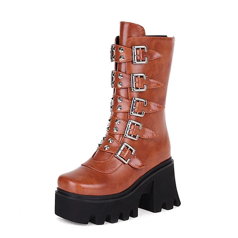 Women's buckle straps mid calf chunky motorcycle boots