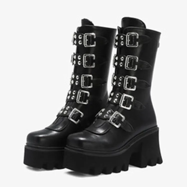 Women's buckle straps mid calf chunky motorcycle boots