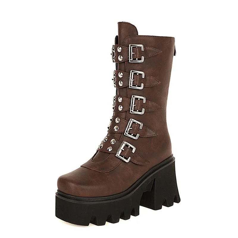 Women's buckle straps mid calf chunky motorcycle boots
