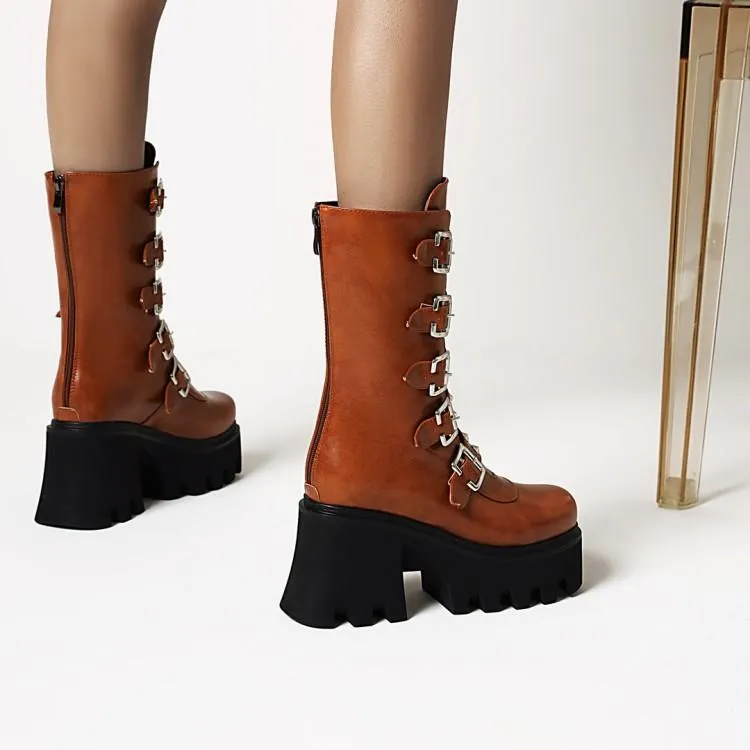 Women's buckle straps mid calf chunky motorcycle boots