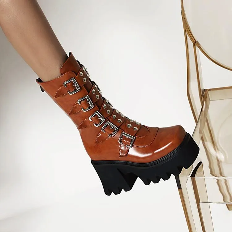 Women's buckle straps mid calf chunky motorcycle boots