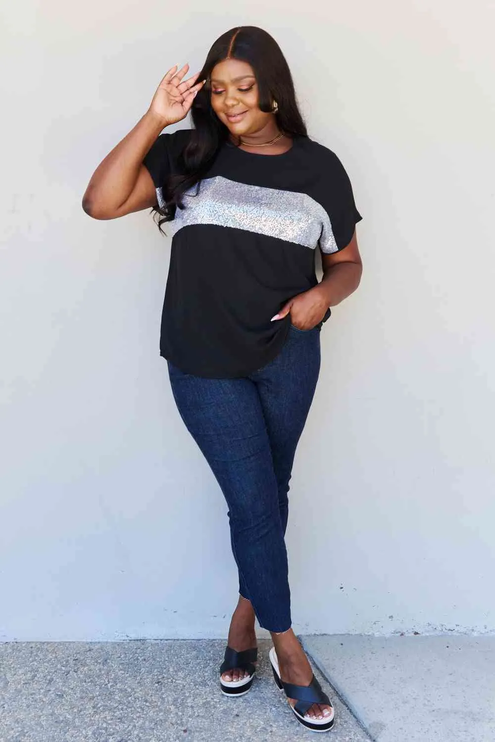 Women's Sew In Love Shine Bright Full Size Center Mesh Sequin Top in Black/Silver