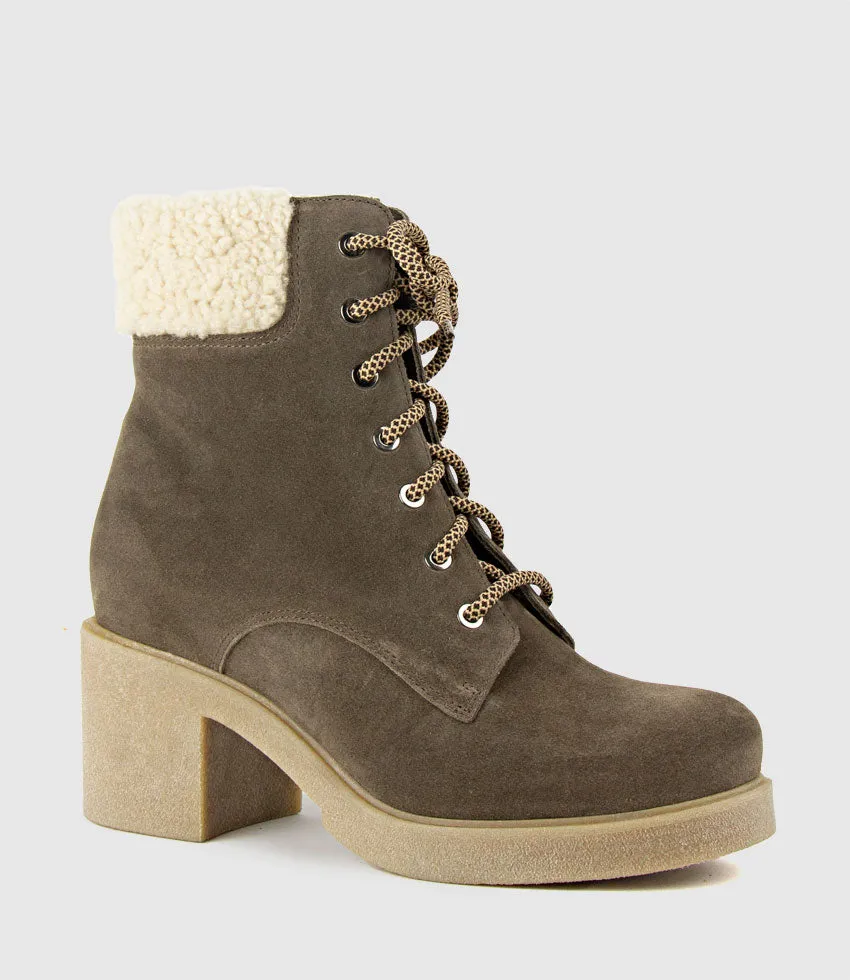 ZOOM Lace Up with Shearling in Stone Suede