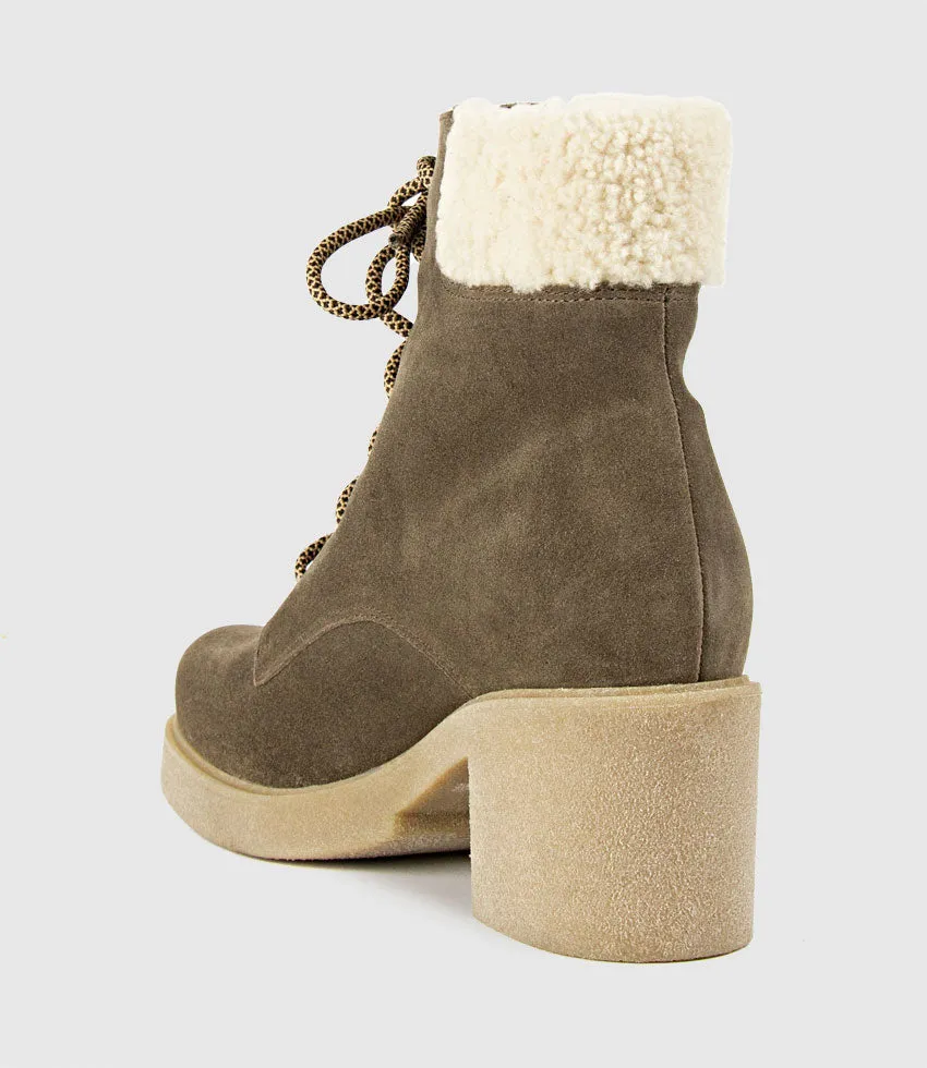 ZOOM Lace Up with Shearling in Stone Suede